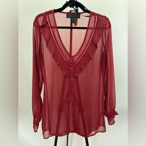 Kardashian Kollection Sheer Frill Hem Blouse - Burgundy